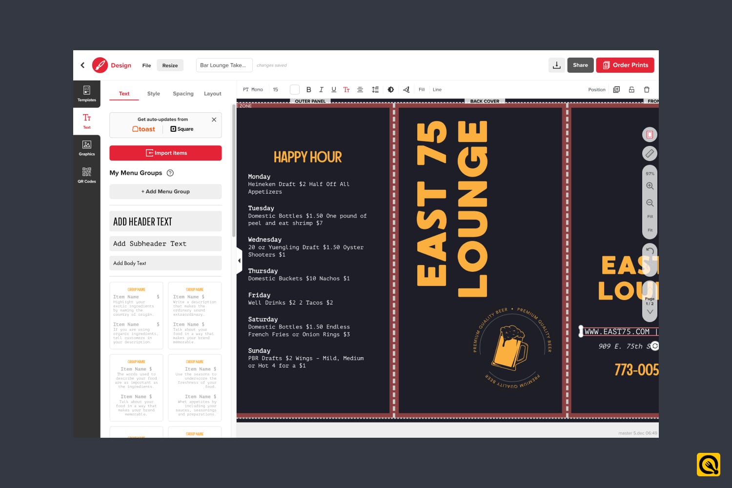 Designing a Foldable Drinks Menu in MustHaveMenus