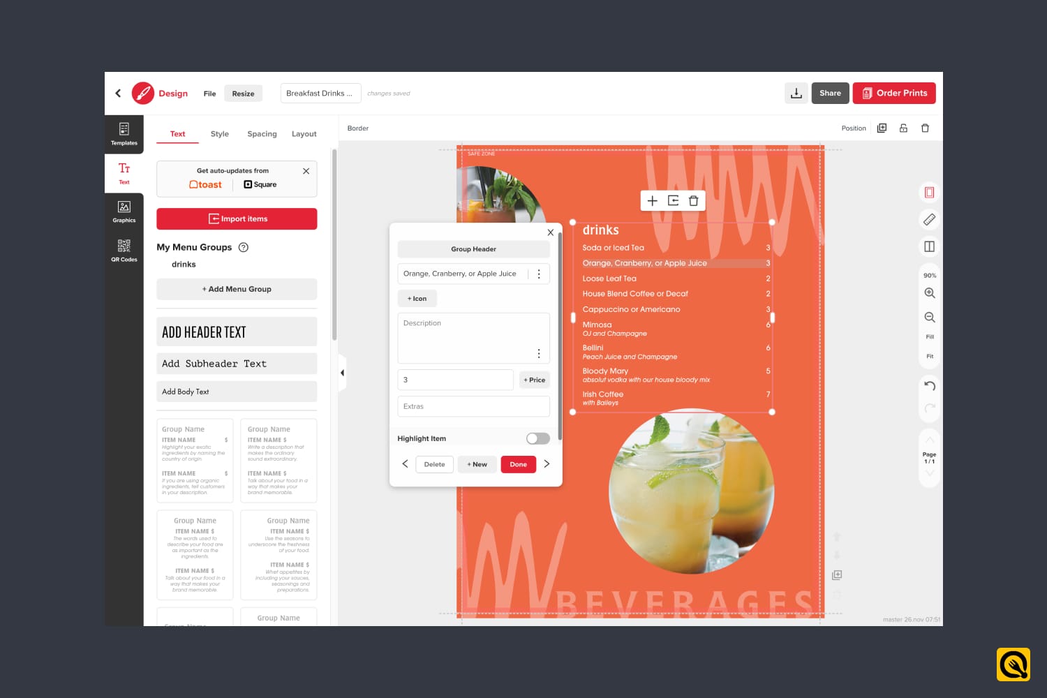 MustHaveMenus' Drinks Menu Template Editing